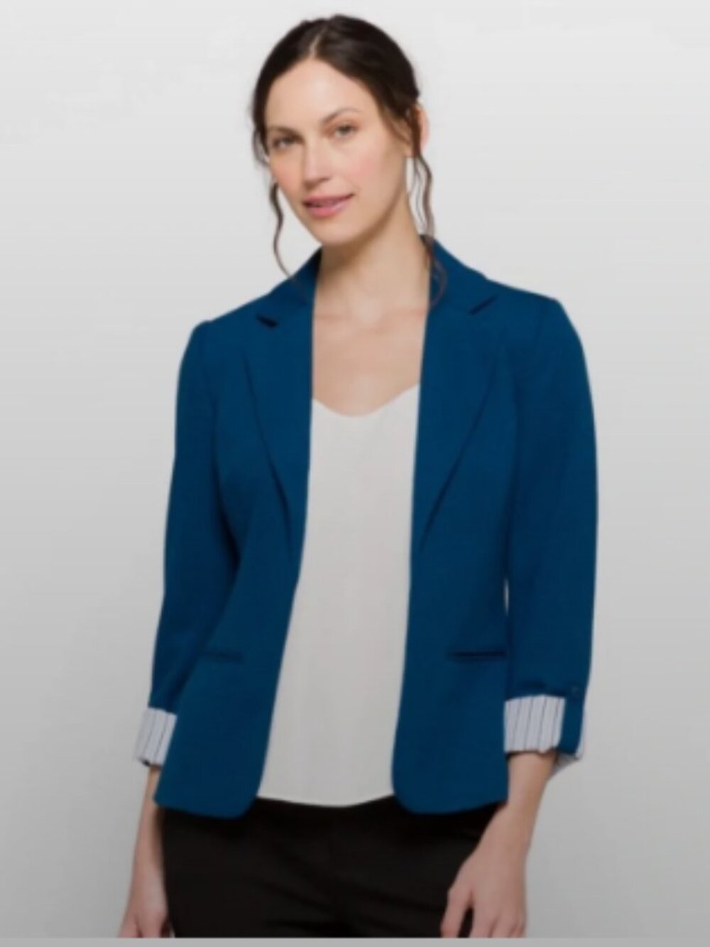 41 Hawthorn Blue Knit Blazer with Striped Roll-tab sleeves Open Front - Size L